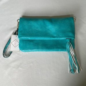 Aqua wristlet/clutch with tassel